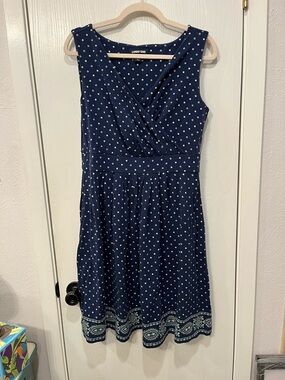 Lands End Fit & Flare Navy Blue & Green Polka Dot Cotton Knit Dress Size M 10-12